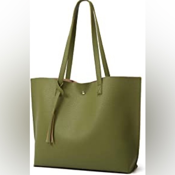 OLIVE GREEN SOFT FAUX LEATHER TOTE SHOULDER BAG - Picture 2 of 6